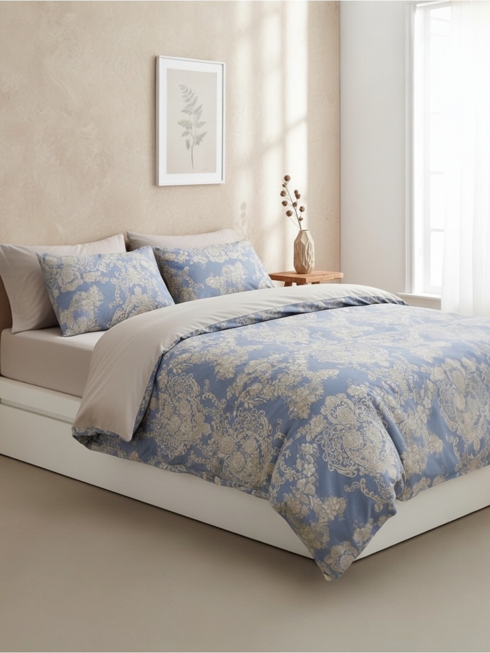 NEW Anthro Blue Damask Luxury 100% Cotton Boho Queen King Bedding Duvet Sham Set